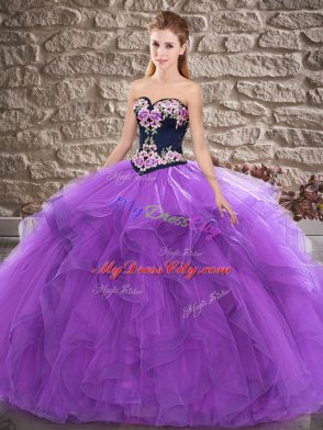 Purple Lace Up Quinceanera Gowns Beading and Embroidery Sleeveless Floor Length