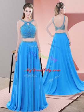 Blue Sleeveless Sweep Train Beading Prom Gown