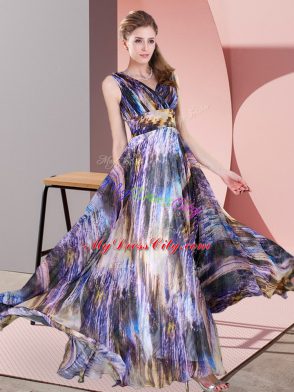 Best Selling Multi-color Empire V-neck Sleeveless Printed Floor Length Lace Up Pattern Prom Dress