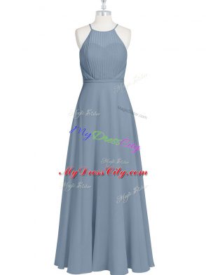 Grey Halter Top Neckline Ruching and Pleated Dress for Prom Sleeveless Zipper