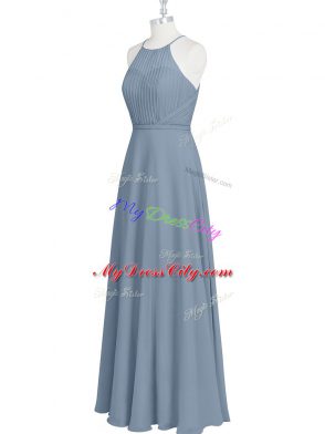 Grey Halter Top Neckline Ruching and Pleated Dress for Prom Sleeveless Zipper