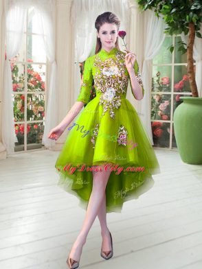 Fashion Appliques Prom Evening Gown Yellow Green Zipper Half Sleeves High Low