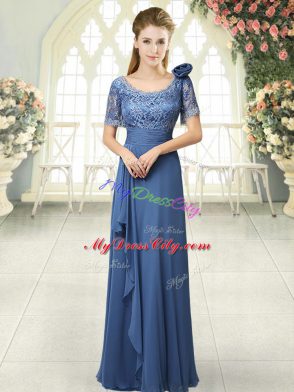 Blue Column/Sheath Satin Scoop Short Sleeves Beading and Ruching Floor Length Zipper Prom Gown