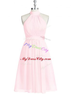 Perfect Knee Length Baby Pink Dress for Prom Chiffon Sleeveless Ruching and Belt