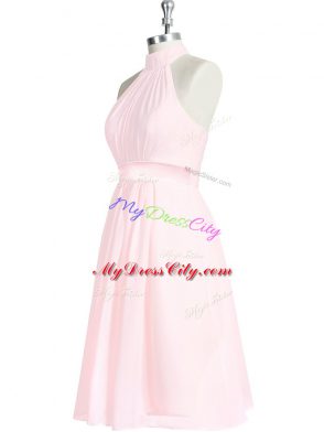 Perfect Knee Length Baby Pink Dress for Prom Chiffon Sleeveless Ruching and Belt