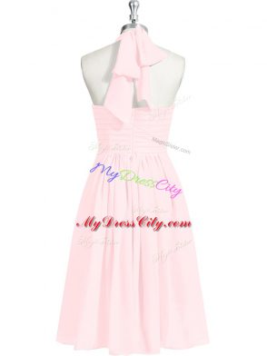 Perfect Knee Length Baby Pink Dress for Prom Chiffon Sleeveless Ruching and Belt