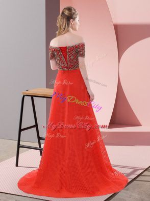 Off The Shoulder Short Sleeves Sweep Train Lace Up Beading and Lace Prom Gown in Red