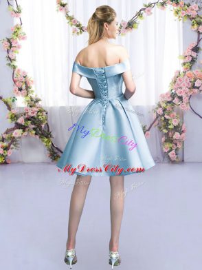 Vintage Sleeveless Mini Length Belt Lace Up Bridesmaid Dresses with Light Blue