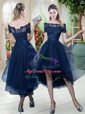 Modern Off The Shoulder Short Sleeves Tulle Homecoming Dress Lace Lace Up