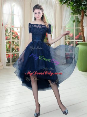 Modern Off The Shoulder Short Sleeves Tulle Homecoming Dress Lace Lace Up