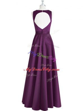 Sleeveless Elastic Woven Satin Floor Length Backless Prom Gown in Eggplant Purple with Ruching and Pleated