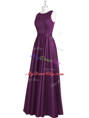 Sleeveless Elastic Woven Satin Floor Length Backless Prom Gown in Eggplant Purple with Ruching and Pleated