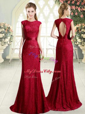 Modern Red Mermaid Scoop Sleeveless Lace Backless Prom Party Dress Sweep Train