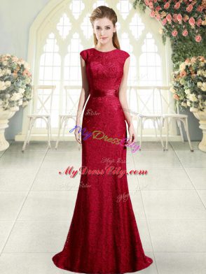 Modern Red Mermaid Scoop Sleeveless Lace Backless Prom Party Dress Sweep Train