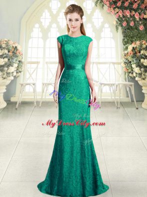 Customized Turquoise Mermaid Scoop Cap Sleeves Beading and Lace Backless Prom Gown Sweep Train