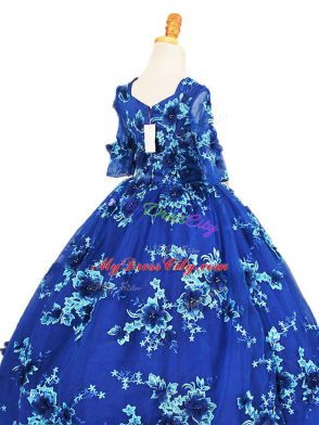 Cute Blue Ball Gowns Tulle V-neck Half Sleeves Beading and Appliques Zipper Pageant Dress for Girls Brush Train