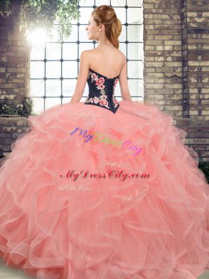 Ideal Peach Tulle Lace Up Sweetheart Sleeveless Vestidos de Quinceanera Sweep Train Embroidery and Ruffles