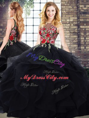 Custom Made Floor Length Black Sweet 16 Dress Bateau Sleeveless Lace Up