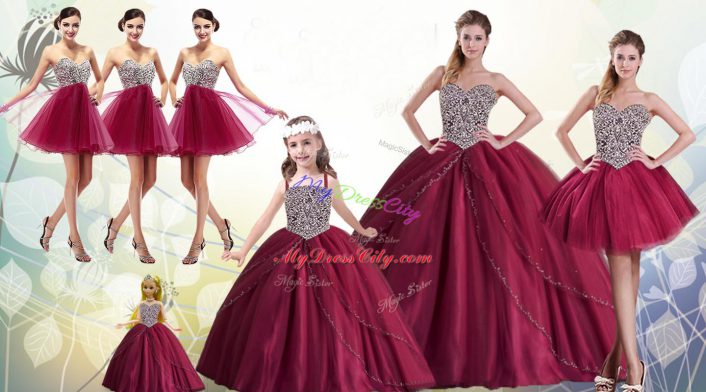 Beautiful Sleeveless Tulle Floor Length Lace Up Quinceanera Gowns in Red with Beading