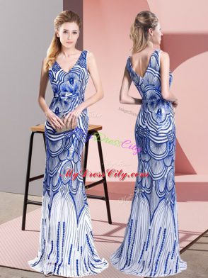 Decent Floor Length Zipper Prom Dress Blue for Prom and Party and Military Ball with Beading