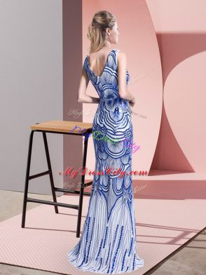 Decent Floor Length Zipper Prom Dress Blue for Prom and Party and Military Ball with Beading