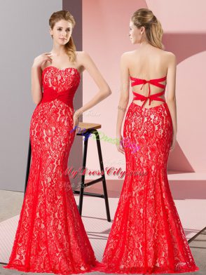 Beading Prom Gown Red Backless Sleeveless Floor Length