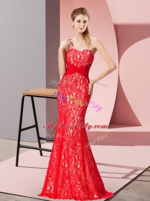 Beading Prom Gown Red Backless Sleeveless Floor Length