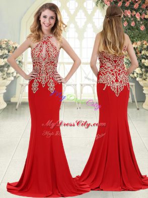 Edgy Sleeveless Elastic Woven Satin Sweep Train Zipper Evening Dress in Red with Beading and Lace