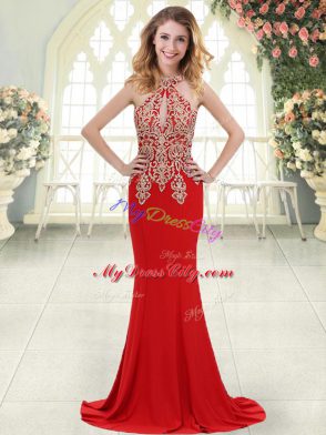 Edgy Sleeveless Elastic Woven Satin Sweep Train Zipper Evening Dress in Red with Beading and Lace