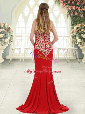 Edgy Sleeveless Elastic Woven Satin Sweep Train Zipper Evening Dress in Red with Beading and Lace