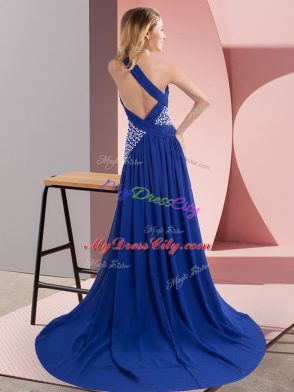 Popular Chiffon One Shoulder Sleeveless Sweep Train Backless Beading and Ruching Evening Dress in Royal Blue