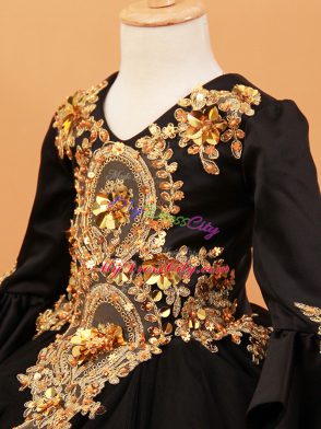 Exquisite Black High School Pageant Dress Wedding Party with Beading and Appliques V-neck Long Sleeves