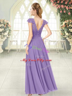 Stylish Lavender Empire Chiffon V-neck Cap Sleeves Lace Ankle Length Zipper Prom Dresses