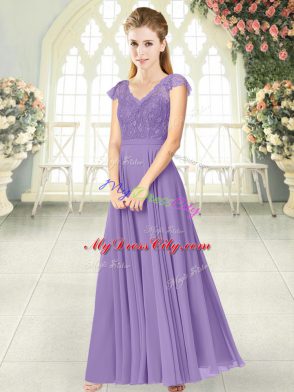 Stylish Lavender Empire Chiffon V-neck Cap Sleeves Lace Ankle Length Zipper Prom Dresses