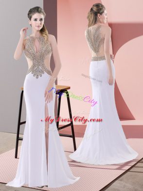 Traditional Scoop Sleeveless Chiffon Dress for Prom Beading and Lace Sweep Train Lace Up