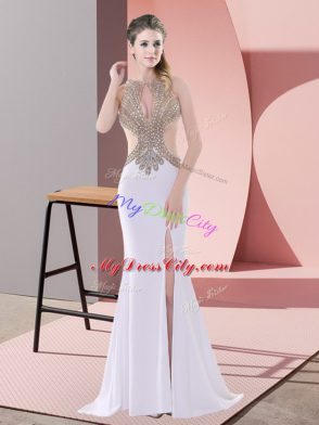 Traditional Scoop Sleeveless Chiffon Dress for Prom Beading and Lace Sweep Train Lace Up