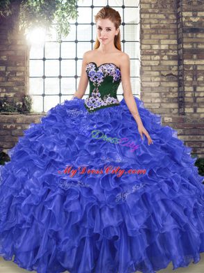 Elegant Royal Blue Lace Up Sweetheart Embroidery and Ruffles Ball Gown Prom Dress Organza Sleeveless Sweep Train