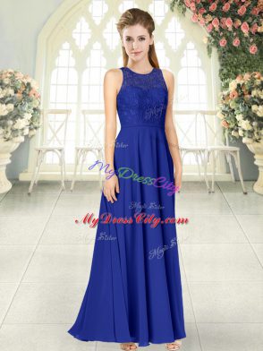 Sophisticated Royal Blue Backless Prom Dresses Lace Sleeveless Floor Length