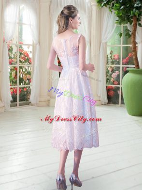 White V-neck Neckline Lace Dress for Prom Sleeveless Zipper