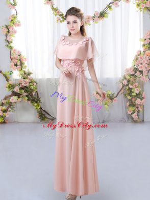 On Sale Pink Empire Appliques Quinceanera Court Dresses Zipper Chiffon Short Sleeves Floor Length