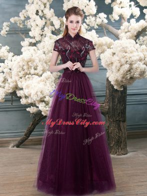 Purple Short Sleeves Beading and Appliques Floor Length Homecoming Dress