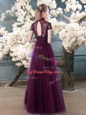 Purple Short Sleeves Beading and Appliques Floor Length Homecoming Dress