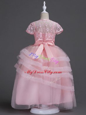 Edgy Spaghetti Straps Sleeveless Toddler Flower Girl Dress Floor Length Appliques Baby Pink Tulle