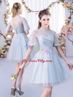 Modest 3 4 Length Sleeve Mini Length Lace Lace Up Bridesmaid Dress with Grey