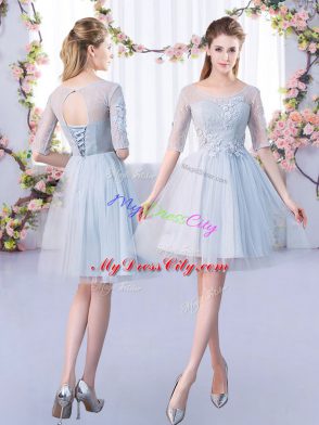 Modest 3 4 Length Sleeve Mini Length Lace Lace Up Bridesmaid Dress with Grey