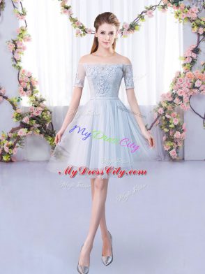 Modest 3 4 Length Sleeve Mini Length Lace Lace Up Bridesmaid Dress with Grey