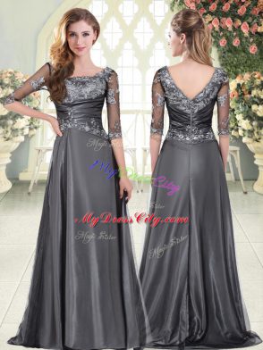 Grey Zipper Sweetheart Beading and Lace Dress for Prom Satin Half Sleeves Sweep Train