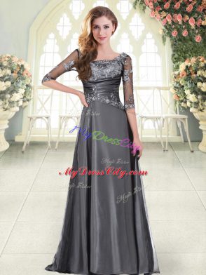 Grey Zipper Sweetheart Beading and Lace Dress for Prom Satin Half Sleeves Sweep Train