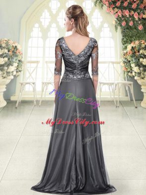 Grey Zipper Sweetheart Beading and Lace Dress for Prom Satin Half Sleeves Sweep Train