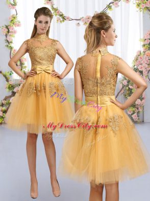 Amazing Knee Length Gold Wedding Guest Dresses Tulle Cap Sleeves Lace and Bowknot